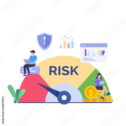 Risk Management concept. A professional evaluating financial uncertainties, Navigating market dynamics. Vector illustration.