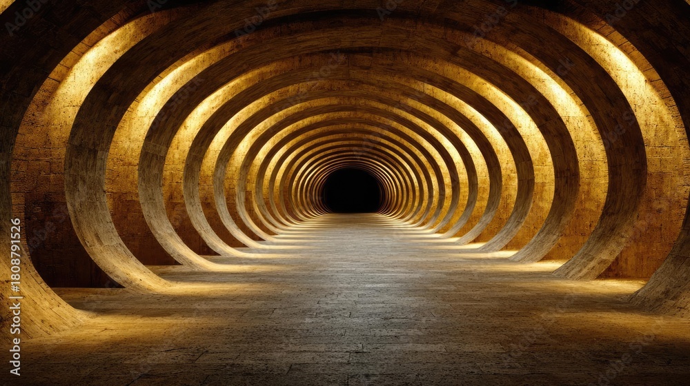 Naklejka premium Inside circus tent with circle seats and spotlight concept. An illuminated tunnel showcasing modern architectural design.