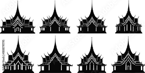 Thai temple silhouette vector set, traditional buddhist architecture, ancient asian building collection, religious pagoda illustration, landmark design