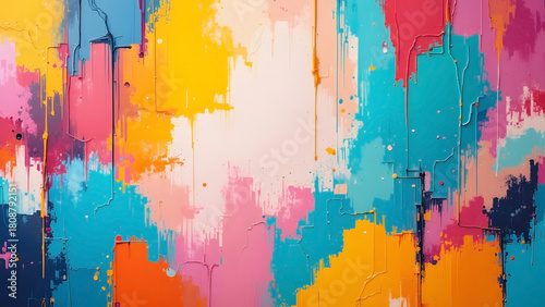Vibrant abstract paint splatter background with bright, bold, textured strokes and dripping colors
