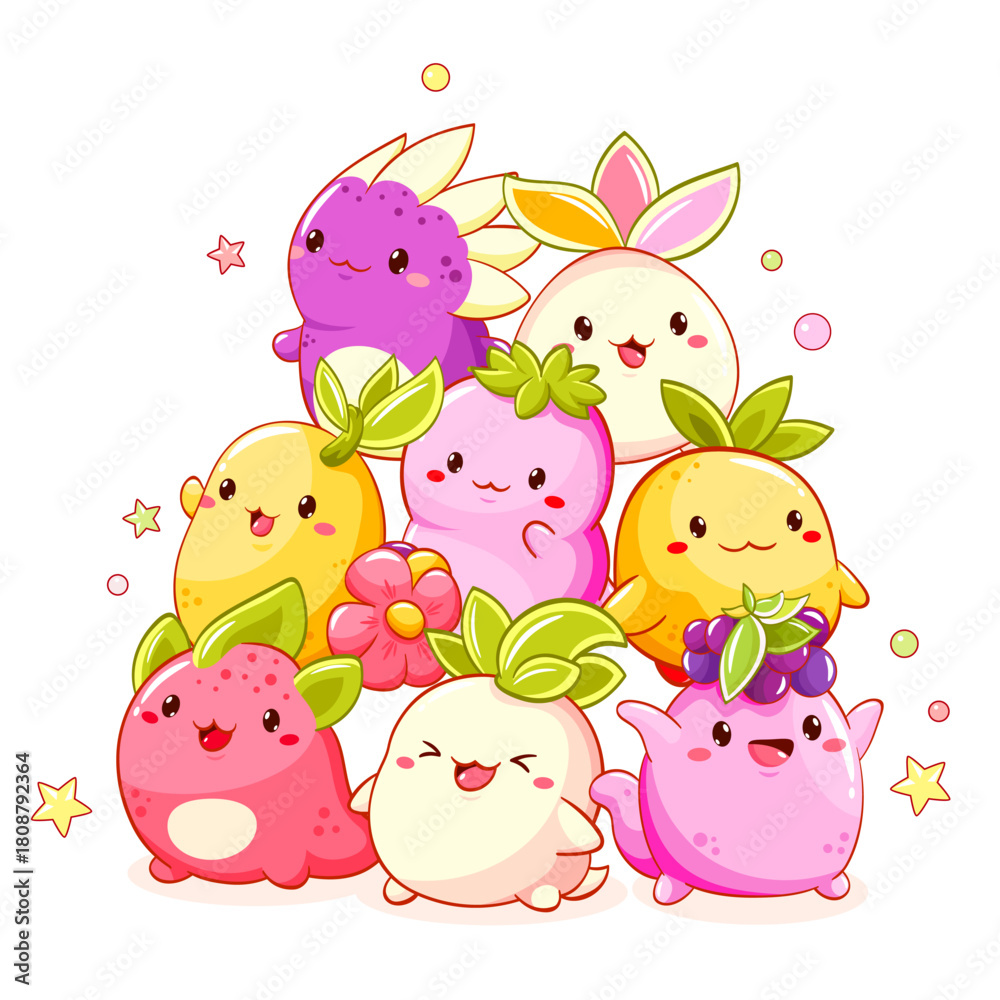 Fototapeta premium Stack of kawaii characters. Cute little monsters fooling around. Pile of Funny happy baby monsters. Can be used for t-shirt print, sticker, greeting card, menu design. Vector illustration EPS8