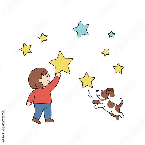 Childhood dreams illustrated: Reaching for celestial wonders with a joyful canine friend's