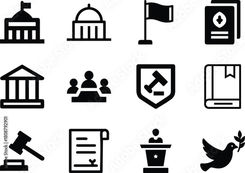 Silhouette vector government icons set, simple design, isolated on white background.