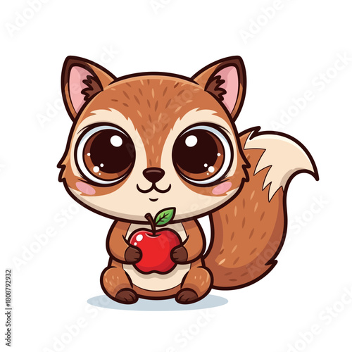 Adorable squirrel cartoon character clutching a vibrant red apple with endearing wide eyes