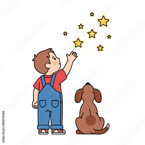 Aspiration and imagination: A boy reaching for stars with his loyal canine companion under a