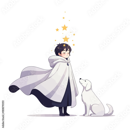 A serene illustration of a hooded character gazing at their loyal canine companion surrounded by