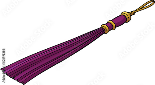 Decorative purple tassel with gold accents on a white background