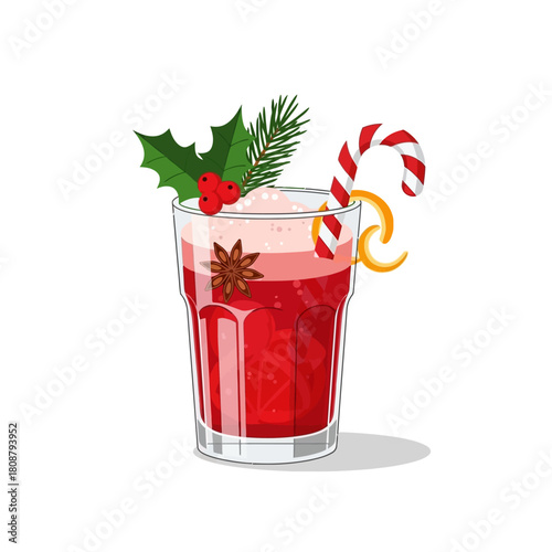 Festive concoction with candy cane and holly, a delightful christmas beverage illustration