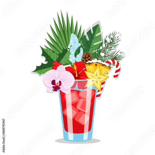 Festive holiday cocktail with tropical adornments evoking seasonal celebrations and exotic flair