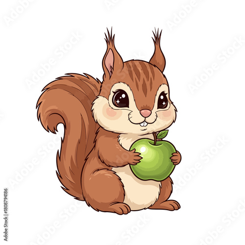Charming squirrel character clutching a verdant apple amidst simple white backdrop scene