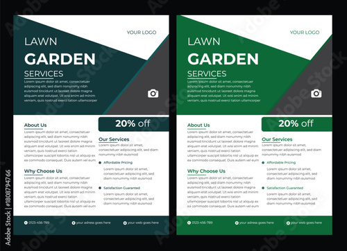 Flyer design template for lawn and gardening services. Design of a poster leaflet for gardening and tree services. Template for lawnmower flyers This editable social media flyer template enhances your