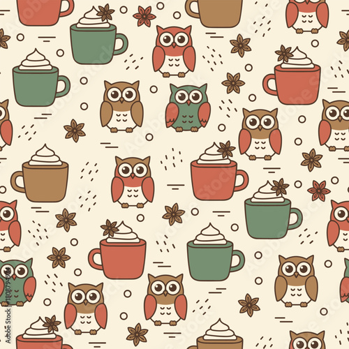 Christmas Owl Pattern Vector. Seamless Animal Pattern Background with Owl, Hot Chocolate Mug and Star Anise. for packaging, print paper, and fabric