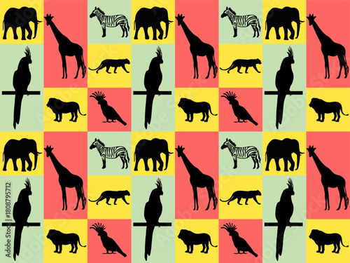 seamless pattern with african, safari,elephant,giraffe,cockatoo,parrot,lion, panther,zebra on colorful squares, tiles