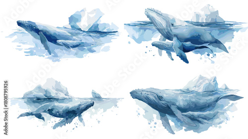 A serene watercolor illustration of whales swimming near icy landscapes with soft blue tones. Peaceful marine artwork perfect for nature themes, ocean designs, and environmental projects.