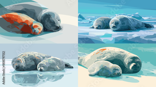 A peaceful illustration of seals resting on icy shores with soft blue tones. Calm arctic wildlife artwork ideal for nature themes, educational materials, and serene environmental designs.