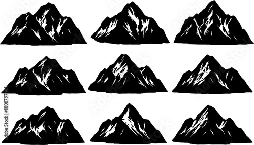 Mountain silhouettes set: nine majestic peaks with snow accents in black and white
