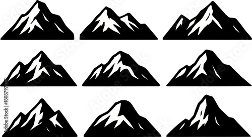 Black and white mountain silhouettes collection for nature and outdoor designs