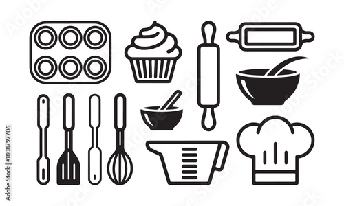 Baking and cooking kitchen tools icon set on white.
