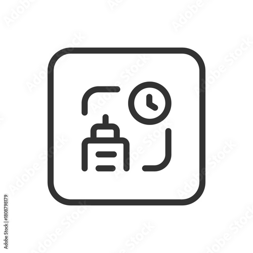Office, Work Office Building Clock line icon – building with clock outline vector for business hours, work schedule, office timing UI