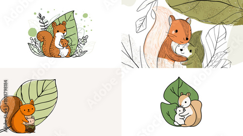 A sweet illustration of a mother squirrel holding her baby inside large leaves. Soft colors and gentle lines create a heartwarming nature scene perfect for kids designs and woodland themed artwork.