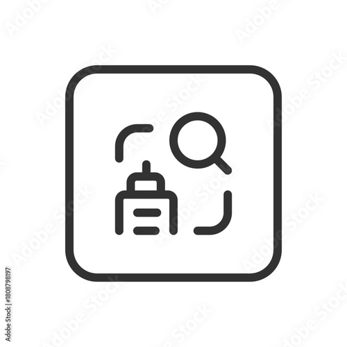 Office, Work Office Building Search Laptop line icon – building with magnifier and laptop outline vector for IT asset search, remote device locate, hybrid workspace UI