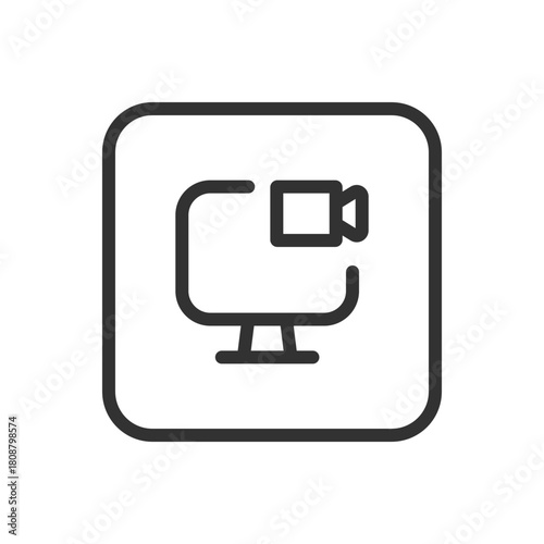 Office, Work Monitor Camera line icon – computer monitor with camera outline vector for video conferencing, remote collaboration, surveillance monitoring UI