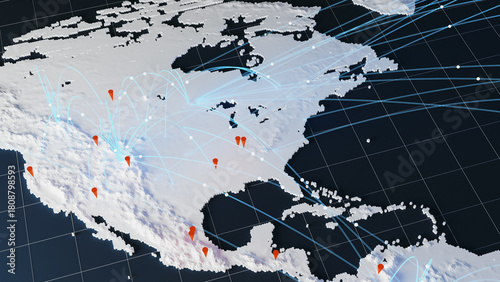 Fototapeta Naklejka Na Ścianę i Meble -  Global Connection Network over North America Map with Data Lines and Pins. 3d rendering