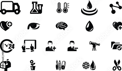 Collection of black and white vector icons on white background