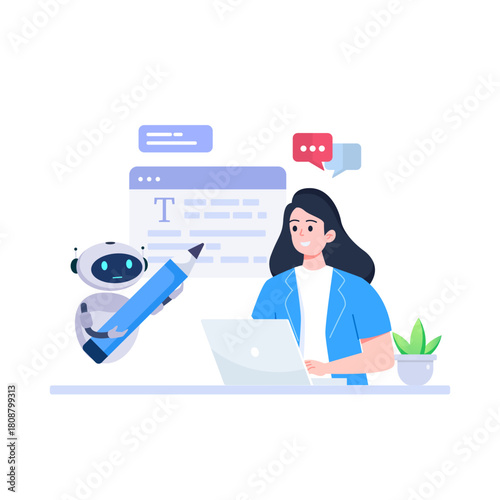 Woman using a laptop computer chatting with an artificial intelligence asks for the answers. Chat Bot, AI technology concept illustration