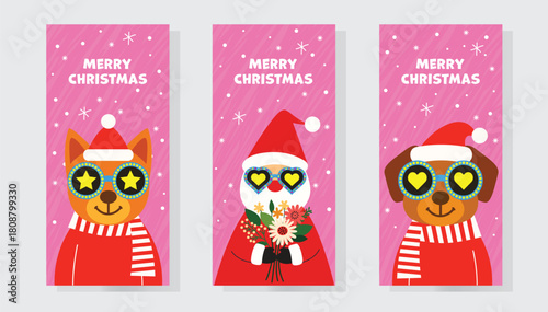 A vibrant set of three Christmas posters featuring a festive cat, Santa Claus with a flower bouquet, and a cheerful dog for Christmas décor, kids’ rooms, party invitations, flyers, greeting cards
