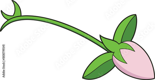 Cartoon illustration of a delicate pink flower bud with green leaves and stem