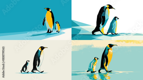 A minimalist illustration of a penguin parent walking with a chick in icy landscapes. Clean shapes and bold colors create a calm wildlife scene perfect for nature themes and educational designs.