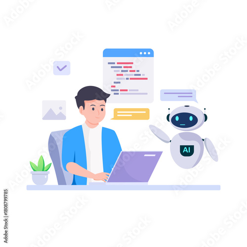 Man working as prompt engineer solving work tasks with generative AI model and chat bot. Artificial intelligence in business concept