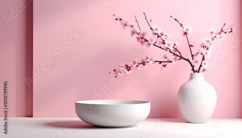 A serene minimalist still life with a white vase of cherry blossoms and a bowl on a pink background