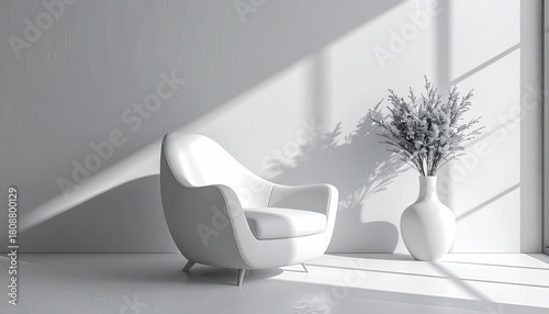 Monochromatic minimalist interior scene with a modern white armchair and sunlit shadows