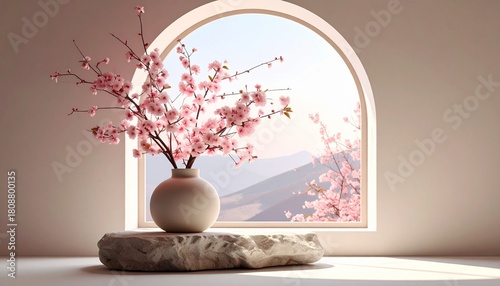 Elegant minimalist scene with a vase of pink cherry blossoms by a serene arched window