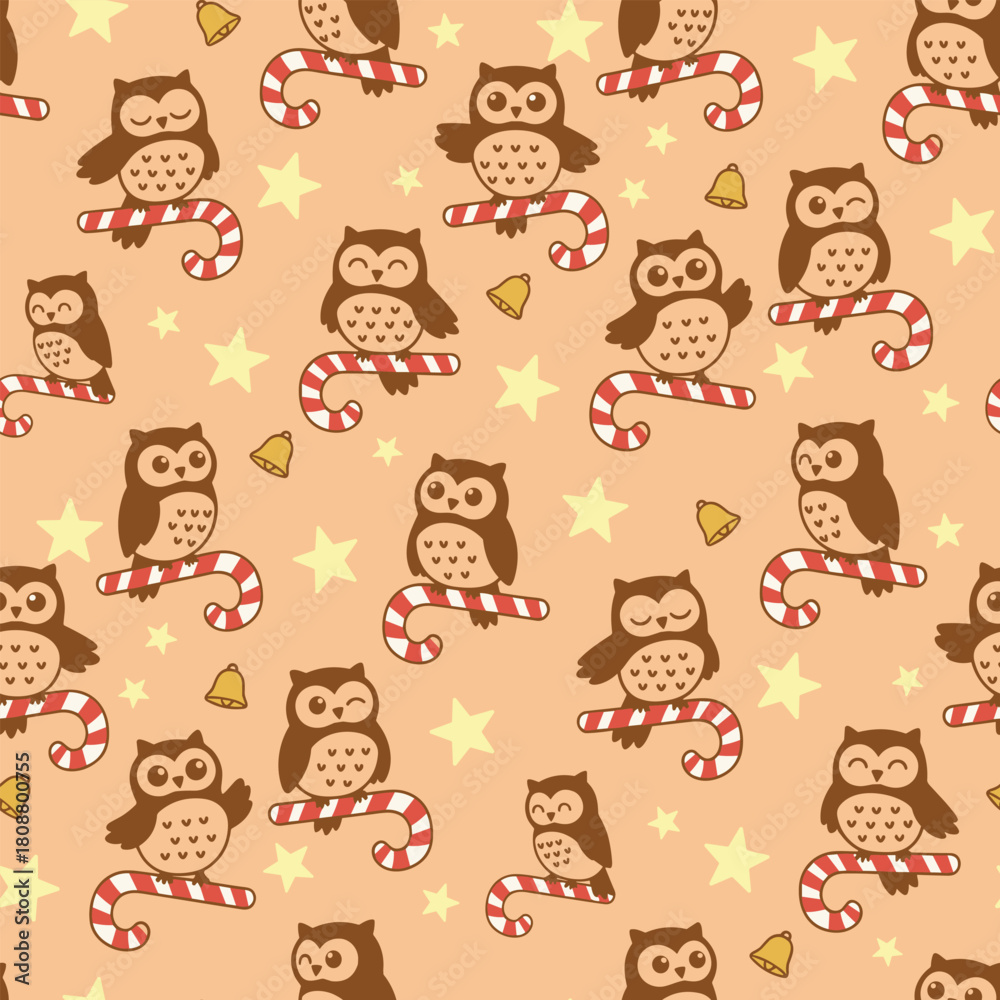 Fototapeta premium Christmas Owl Vector. Seamless happy Owl Pattern with Stars and Bells. Elegant Winter seamless pattern Background.