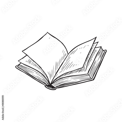 Hand drawn sketch of an open book with fanned pages. Vintage doodle illustration of a literature textbook or novel isolated on background.
