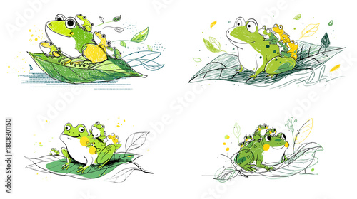 A playful illustration of cute green frogs sitting on leaves with bright colors and lively details. Charming nature themed artwork perfect for kids designs, storytelling, and creative projects.