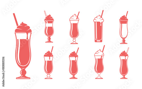 Colored milkshake icon in a tall glass with frothy cream and straw on a white background.