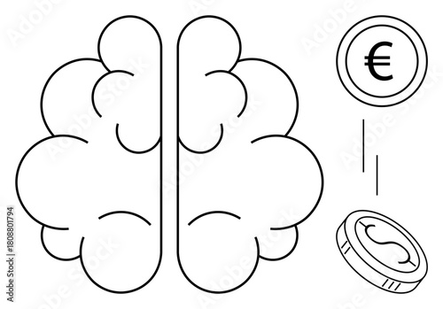 Brain connected to euro and dollar coins, symbolizing economics, decision-making, knowledge, mental health, analysis, creativity, finance and intelligence. Ideal for finance neuroscience