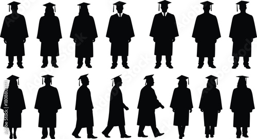 Collection of black graduation silhouettes, students wearing academic gowns and caps, university ceremony figures standing and walking, vector illustration isolated on white background