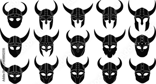 Collection of black Viking helmet silhouettes with horns, ancient medieval warrior headgear icons, barbarian armor vector illustration set isolated on white background