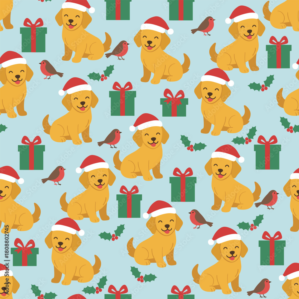 Fototapeta premium Christmas Animal Pattern Vector. Seamless Christmas puppy Pattern with Gifts. Merry Christmas pet seamless pattern Background.