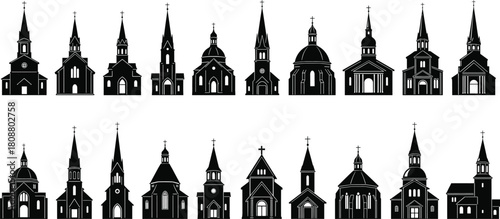 Collection of Christian church silhouettes, catholic cathedral and chapel buildings with cross, black vector illustration icons isolated on white background