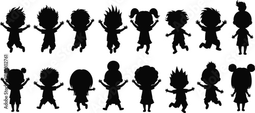 Collection of cute cartoon children silhouettes, happy kids jumping and playing with hands up, black vector illustration isolated on white background