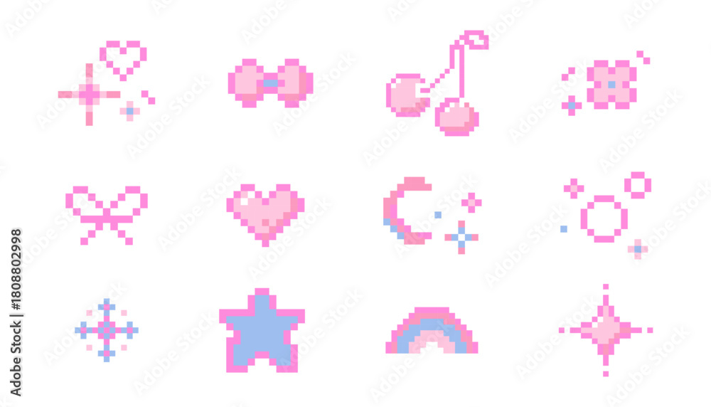 Fototapeta premium Set cute pixel elements, girly stars, bows, heart. Spring flowers and cherry y2k retro game 8 bit icons. Pixel collection.