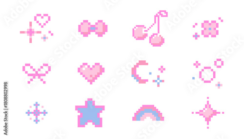 Set cute pixel elements, girly stars, bows, heart. Spring flowers and cherry y2k retro game 8 bit icons. Pixel collection.