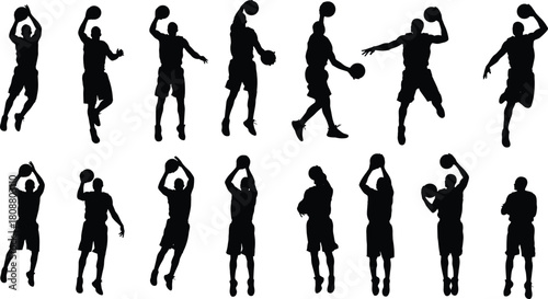 Collection of dynamic basketball player silhouettes, athletes shooting, dribbling, and dunking the ball, black vector illustration isolated on white background