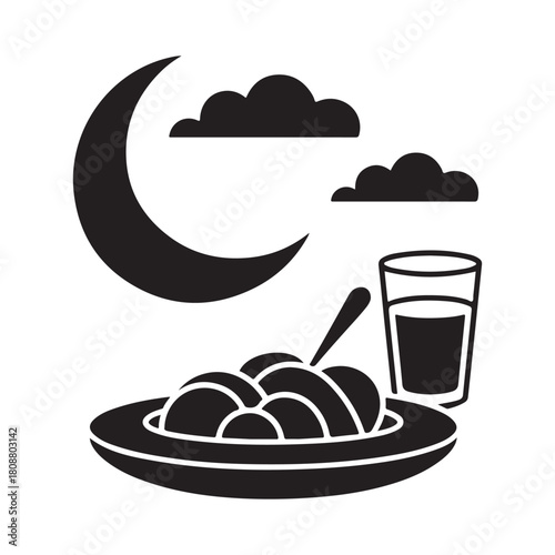 Ramadan suhoor meal with crescent moon and clouds